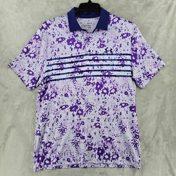 Under Armour Playoff Golf Polo Purple Floral Striped Athletic Mens Large - Picture 1 of 7
